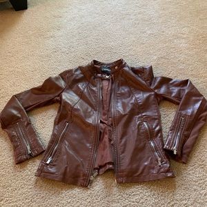 Cognac faux leather bomber jacket